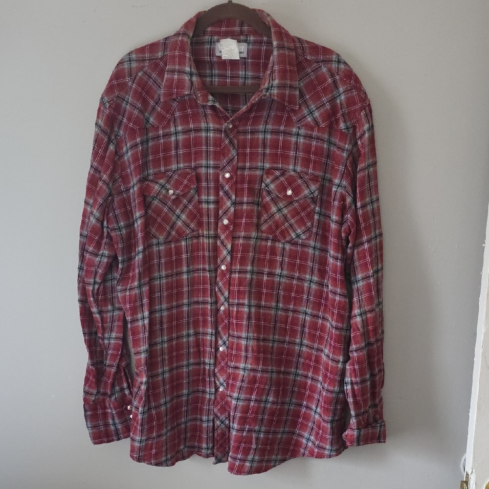 Wrangler Vintage Men's Red Plaid Button Down Rancher Shirt 2XL Western Cowboy